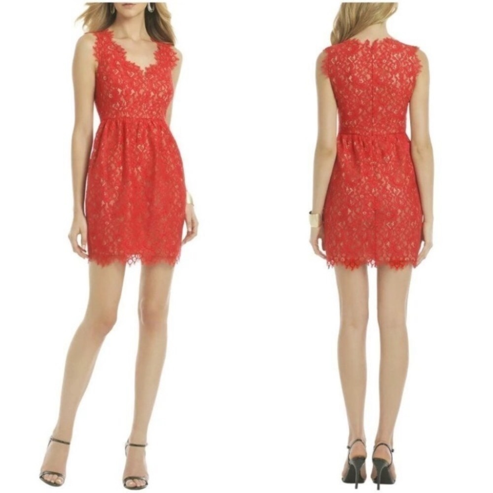 SHOSHANNA Lace Overlay Mini Dress in Red